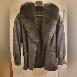 Elegant Black Leather Coat with Black Fox Fur Collar. Message For Measurements.